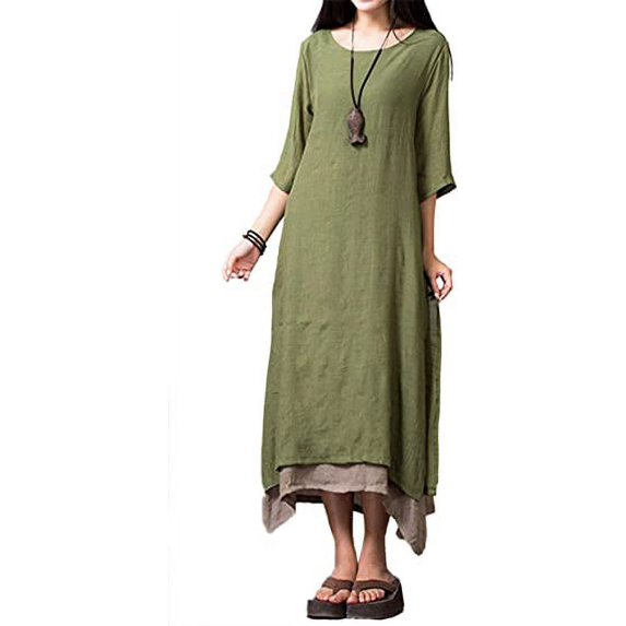 stylesilove Women Girls Short Sleeve Linen-Cotton Loose Long Maxi Dress (2X-Large, Olive)