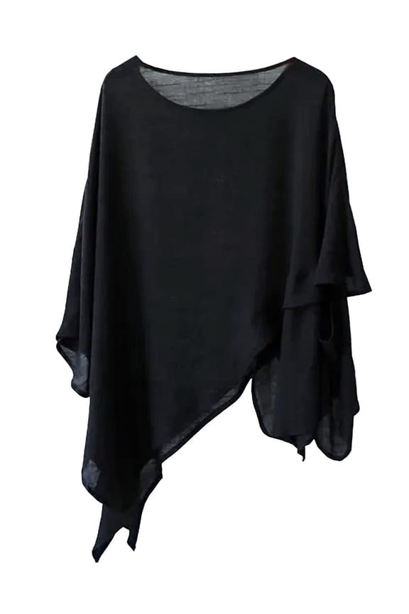 Women Kimono Sleeves Asymmetrical Irregular Hem Top Design Cotton Linen Blouse Round Neck Blouse Casual Tunic (Black)