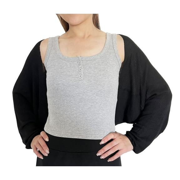 stylesilove Women Lightweight Ribbed Knit Bolero Shrug Long Sleeve Cardigan Soft Sweater Open Front Cape Shawl (Black)