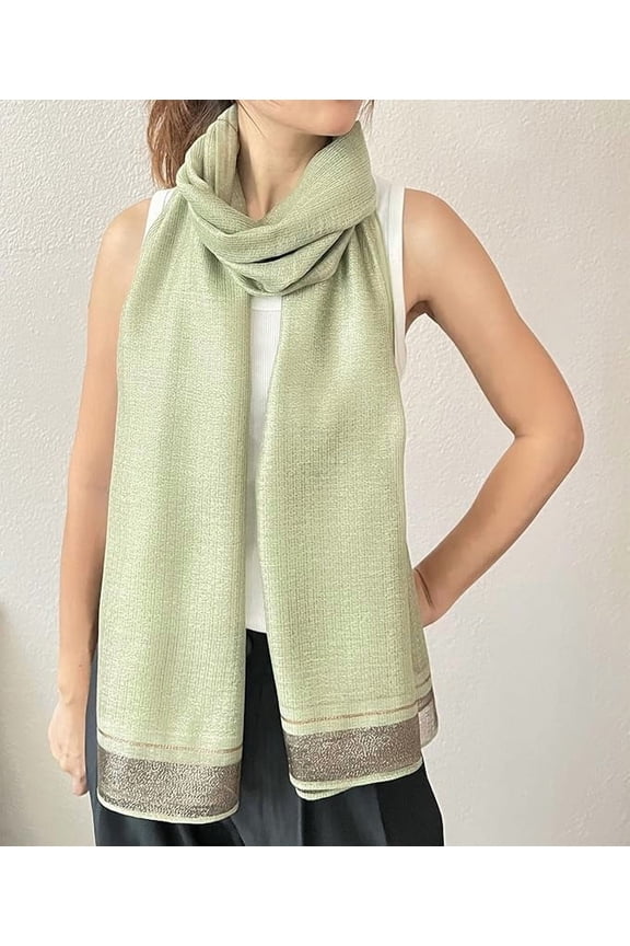Women Shimmering Striped Scarf Silk-like Scarves Ultra Lightweight Soft Shawl Neck Wraps (Lime)