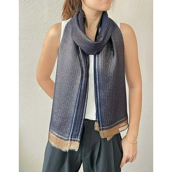 stylesilove Women Shimmering Striped Scarf Silk-like Scarves Ultra Lightweight Soft Shawl Neck Wraps (Navy Blue)