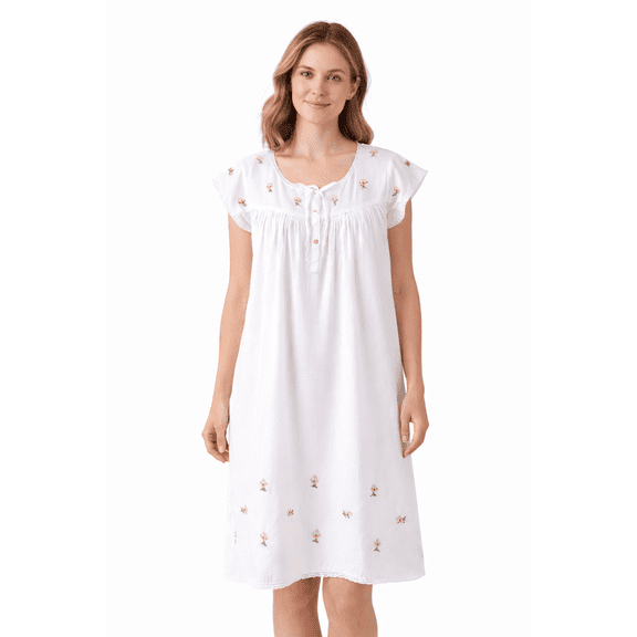 stylesilove Women's Embroidered Pink Flower Cotton Short Sleeve Nightgown (Small)