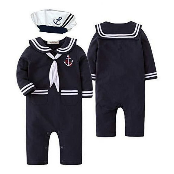 stylesilove.com Baby Boy Marine Sailor Cotton Romper Onesie with Hat and Necktie 3pcs Holiday Outfit Costume