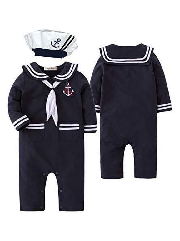 .com Baby Boy Marine Sailor Cotton Romper Onesie with Hat and Necktie 3pcs Holiday Outfit Costume