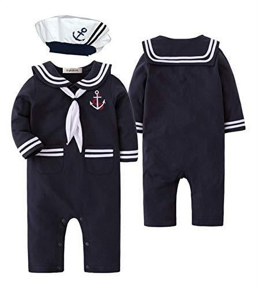stylesilove.com Baby Boy Marine Sailor Cotton Romper Onesie with Hat and Necktie 3pcs Holiday Outfit Costume