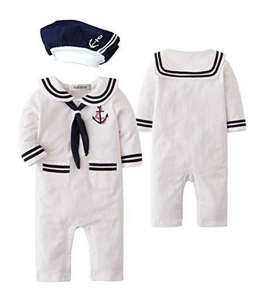 stylesilove.com Baby Boy Marine Sailor Cotton Romper Onesie with Hat and Necktie 3pcs Holiday Outfit Costume