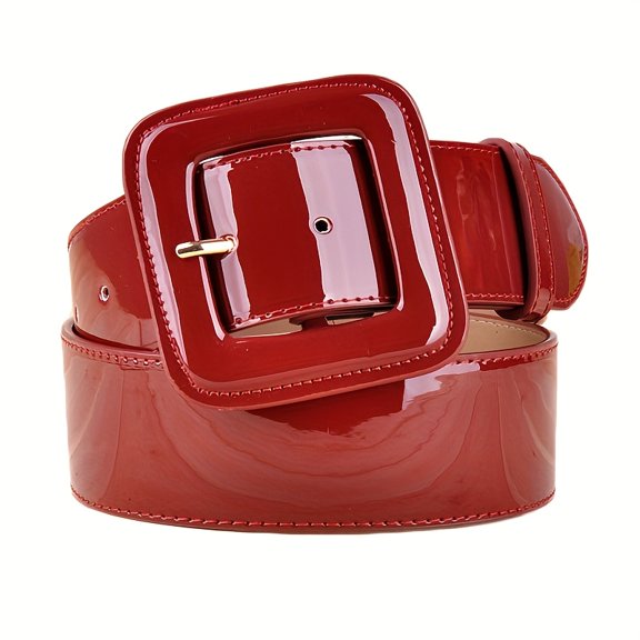 This stylish black and red faux leather wide belt features a gold buckle and is a versatile waist accessory suitable for both casual and formal occasions. The belt boasts a simple and streamlined des