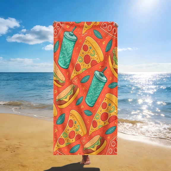 A stylish and delicious beach towel with pizza and burger patterns, suitable for lying in the sun, as a cushion and for travel, a lightweight and versatile beach towel