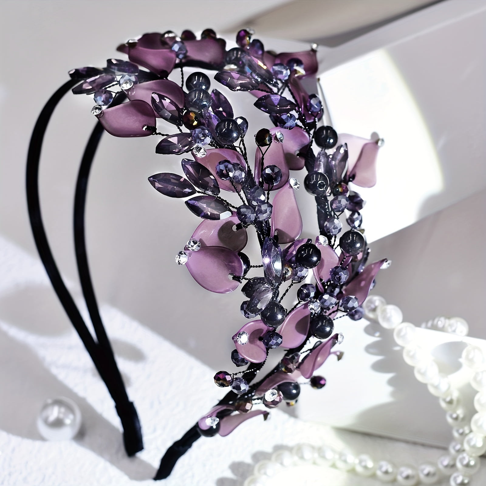 A stylish double-layered headband, designed for women, features purple polymer clay leaf patterns and rhinestones, making it the perfect accessory for photoshohoots and everyday wear.