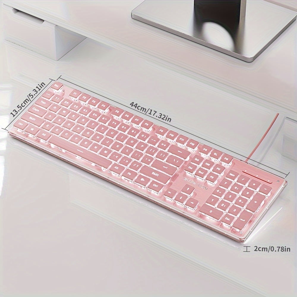 A stylish keyboard with an all-metal panel, 104-key wired connection, comfortable keycaps, silent buttons, and white backlighting. Suitable for gaming and office work, compatible with Windows laptops