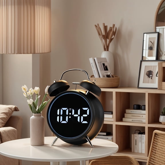 This is a stylish metal alarm clock with a night light and a variety of features, including temperature and date displays. It operates quietly without ticking and has both weekday and weekend alarm s