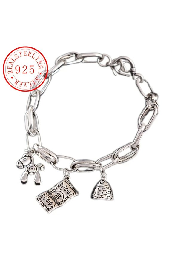 A stylish themed S925 sterling silver-plated bracelet with money, fish head and dollar pendant, November birth stone, ideal holiday gift for women,White gold