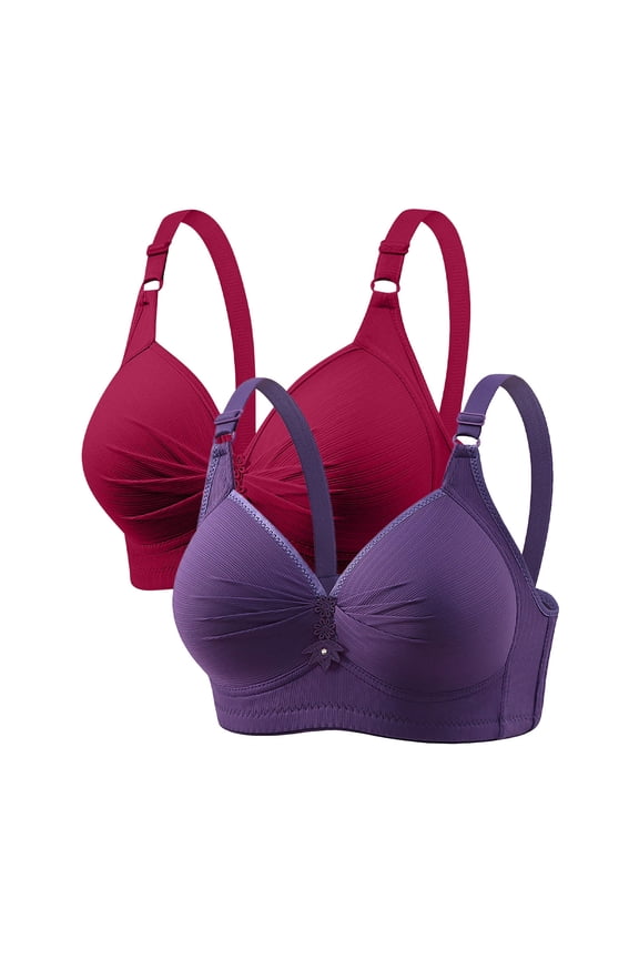 2 Pack Bras for Women Wireless Ladies Push Up Everyday Wear Solid V Neck Breathable Bralette 36-52 Red