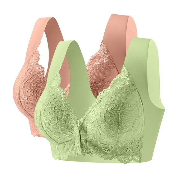 successthop 2 Pack Plus Sizes Bras for Women Front Closure Wireless Seamless Lace Color Block Everyday Wear