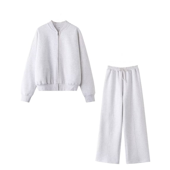 successthop 2 Piece Lounge Set Women Fleece Long Sleeve Crewneck Zip Sweatshirt and Sweatpant Solid Streetwear