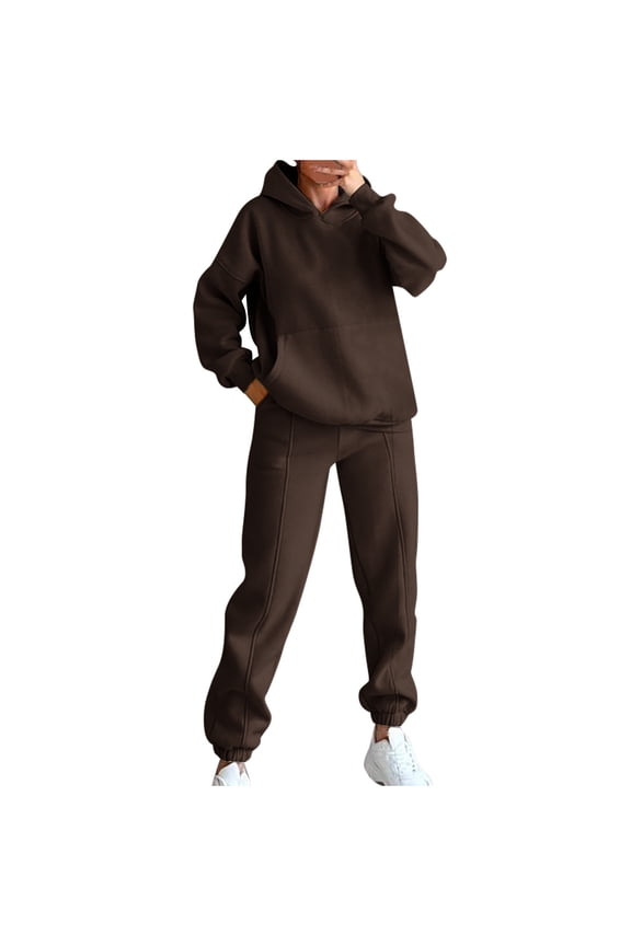 2 Piece Lounge Set Women Fleece Long Sleeve Hoodie and Jogger Sweatpant Solid Sportwear with Pockets