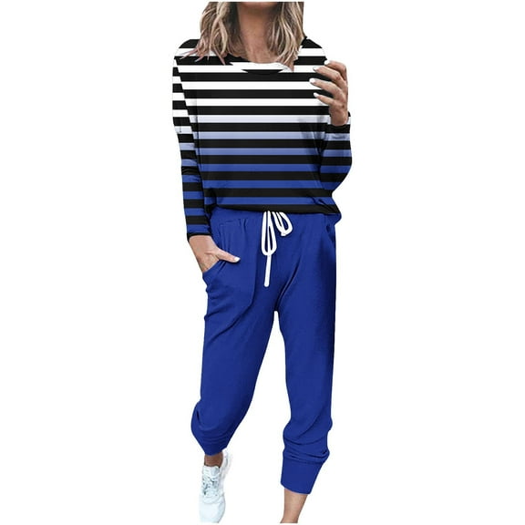 successthop 2 Piece Lounge Set for Women Plus Size Loose Long Sleeve Crewneck Top and Joggers Print Streetwear