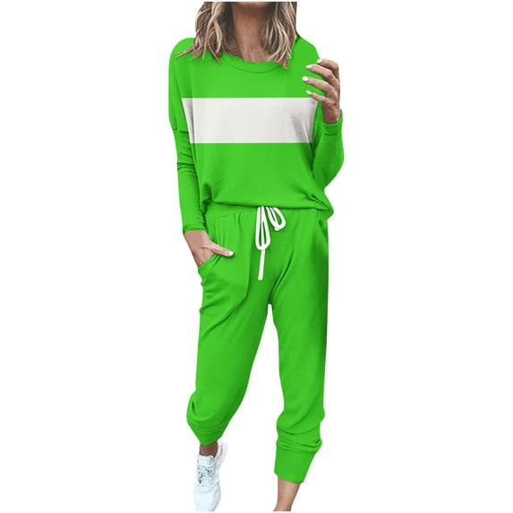 successthop 2 Piece Sweatsuits for Women Plus Size Long Sleeve Crewneck Top and Jogger Trouser Color Block Outfits