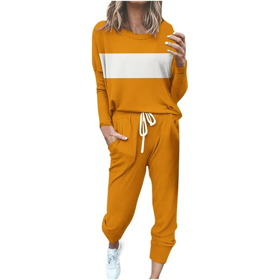 successthop 2 Piece Sweatsuits for Women Plus Size Long Sleeve Crewneck Top and Jogger Trouser Color Block Outfits