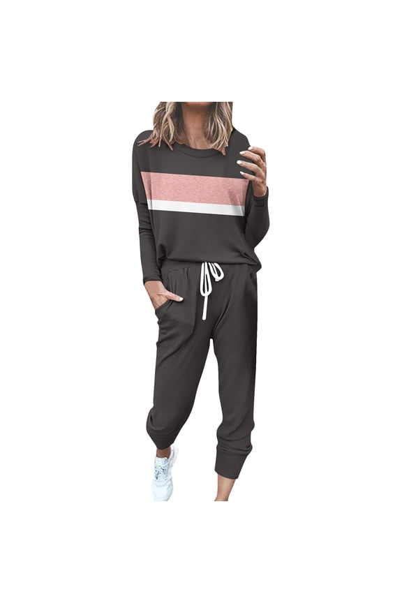 2 Piece Sweatsuits for Women Plus Size Long Sleeve Crewneck Top and Jogger Trouser Color Block Sport Set
