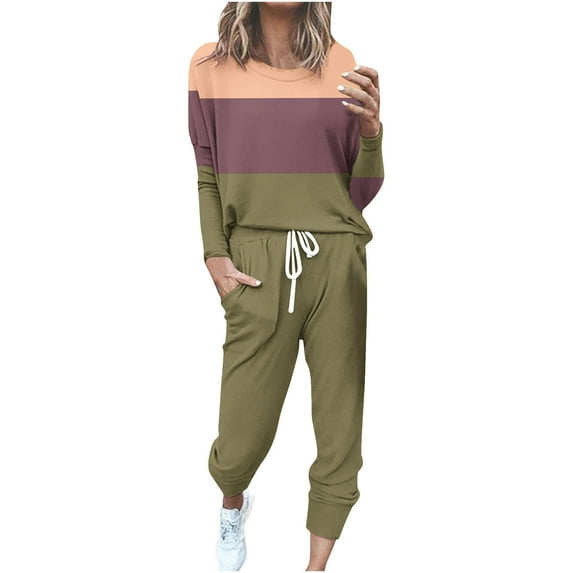 successthop 2 Piece Sweatsuits for Women Plus Size Long Sleeve Crewneck Top and Jogger Trouser Color Block Sport Set
