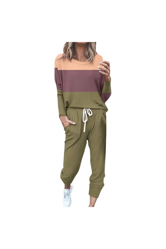 2 Piece Sweatsuits for Women Plus Size Long Sleeve Crewneck Top and Jogger Trouser Color Block Sport Set
