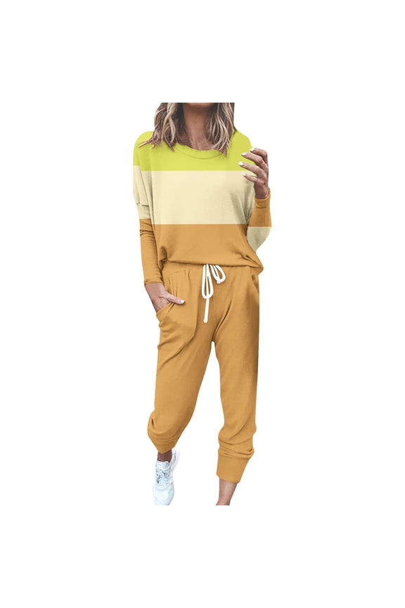 2 Piece Sweatsuits for Women Plus Size Long Sleeve Crewneck Top and Jogger Trouser Color Block Sport Set