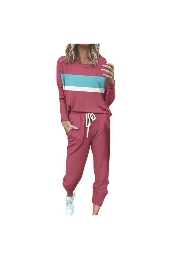 2 Piece Sweatsuits for Women Plus Size Long Sleeve Crewneck Top and Jogger Trouser Color Block Sport Set