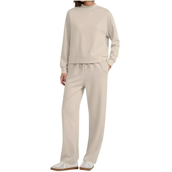 successthop 2 Piece Womens Matching Sweatsuits Long Sleeve Sweatshirt and Wide Leg Sweatpant Solid Athletic Set