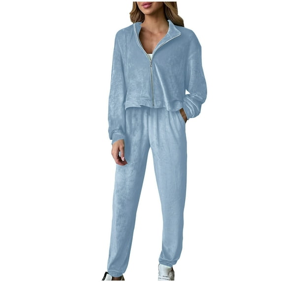 successthop 2 Pieces Lounge Set Women Long Sleeve Crewneck Zipper Top and Jogger Pant with Pockets Solid Sportwear