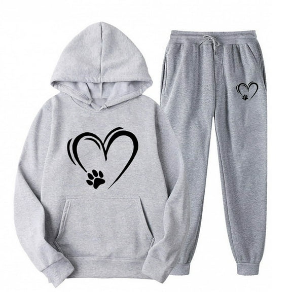 successthop 2 Pieces Plus Size Lounge Set Fleece Long Sleeve Hoodie and Jogger Sweatpant Heart Sportwear with Pockets