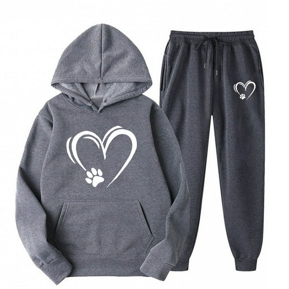 successthop 2 Pieces Plus Size Lounge Set Fleece Long Sleeve Hoodie and Jogger Sweatpant Heart Sportwear with Pockets