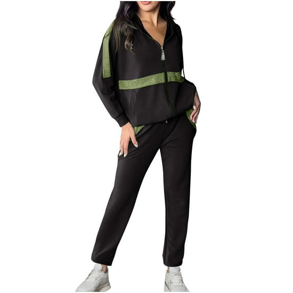 successthop 2 Pieces Plus Size Lounge Sets Long Sleeve Zip Up Hoodie with Pocket and Sweatpant Color Block Outfits