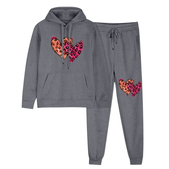 successthop 2 Pieces Sweatsuits for Women Plus Size Long Sleeve Hoodie and Joggers Heart Fall Drawstring Sport Set