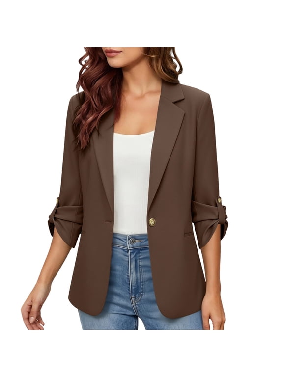 3/4 Sleeve Blazers for Women Plus Lapel Suit Jacket One Button Solid Casual Work Blazer with Pockets Brown