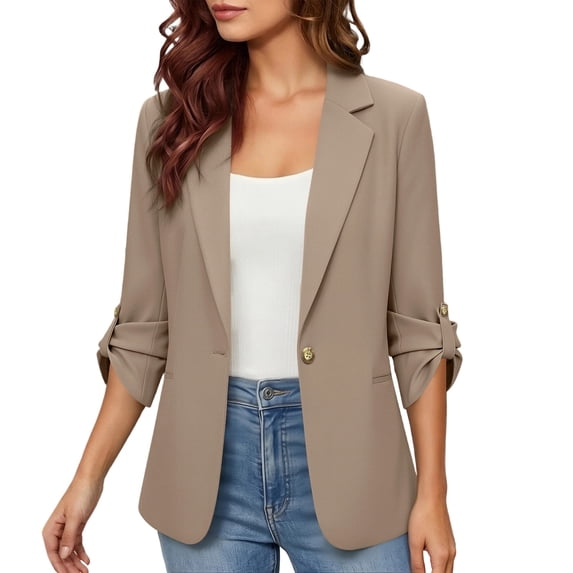 successthop 3/4 Sleeve Blazers for Women Plus Lapel Suit Jacket One Button Solid Casual Work Blazer with Pockets Khaki