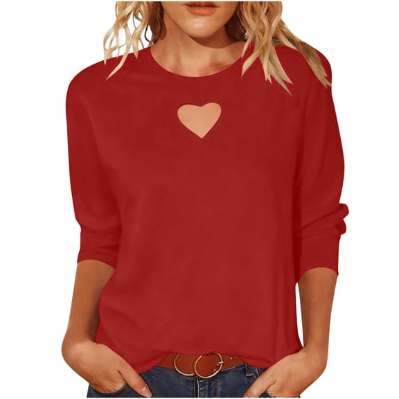 successthop 3/4 T Shirts for Women Heart Shaped Cutout Crewneck Trendy Shirt Lightweight Blouse Solid Casual Outfits M