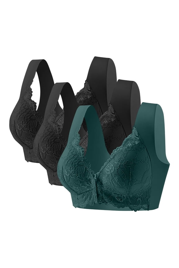 3 pack Seamless Bras for Women Front Closure Wireless Plus Sizes Lace Color Block Everyday Wear