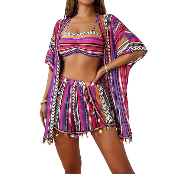 successthop 4 Piece Swimsuit Women Tassel Sun Protect Short Sleeve Open Front Cardigan Bikini Set and Cover Up Shorts S