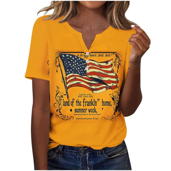 successthop 4th of July Clothes Women Flags Loose Plus Size V Neck T Shirt Button Festival Shirts Short Sleeve Tops 3XL