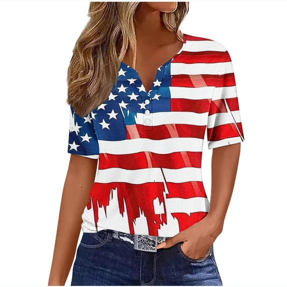 successthop 4th of July Clothes Women Flags Loose Plus Size V Neck T Shirt Button Holiday Shirts Short Sleeve Tops Red
