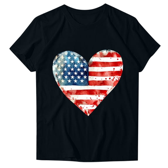 successthop 4th of July Clothes for Women Heart Flags Summer Shirt Festival T Shirts Crewneck Short Sleeve Tops Black XL