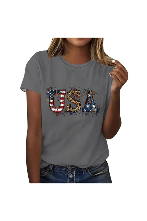 4th of July Shirt Women USA Plus Size Anniversary T Shirt Casual Top Crewneck Short Sleeve Clothes Gray 2XL