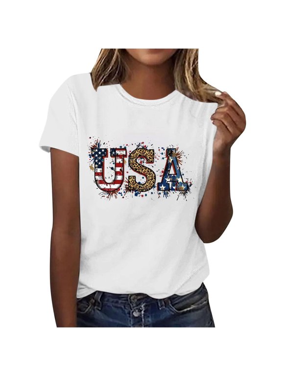 4th of July Shirt Women USA Plus Size Anniversary T Shirt Casual Top Crewneck Short Sleeve Clothes White 3XL