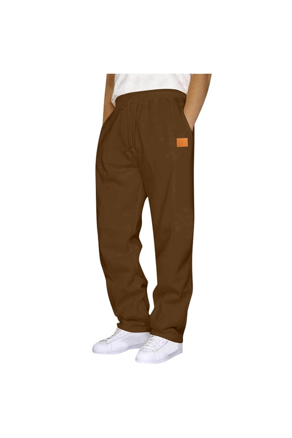 Athletic Sweatpant Men Fleece Straight Cargo with Pockets Drawstring Pant Solid Athleisure Trousers Brown M