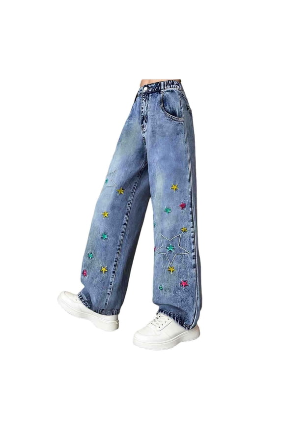 Baggy Jeans for Girls 13-14T Star Embroidery Outdoor Straight Denim Pant with Pockets High Waist Trousers