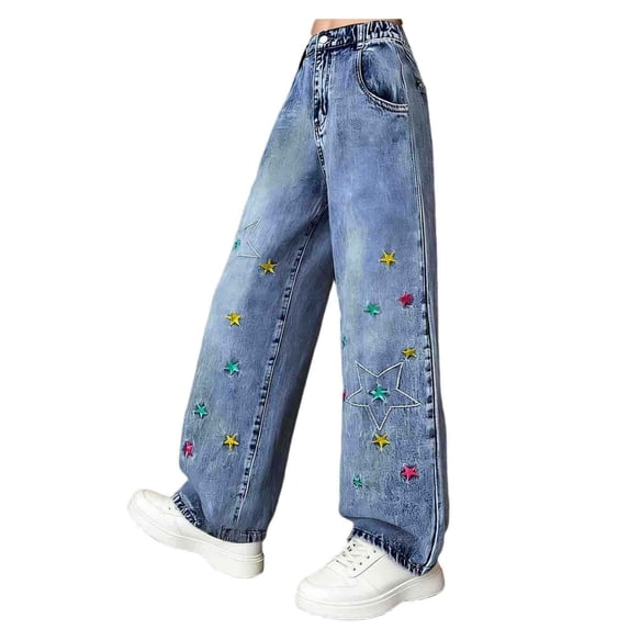 Hellosay Baggy Jeans for Girls 7-8T Star Embroidery Outdoor Straight Denim Pant with Pockets High Waist Trousers Blue