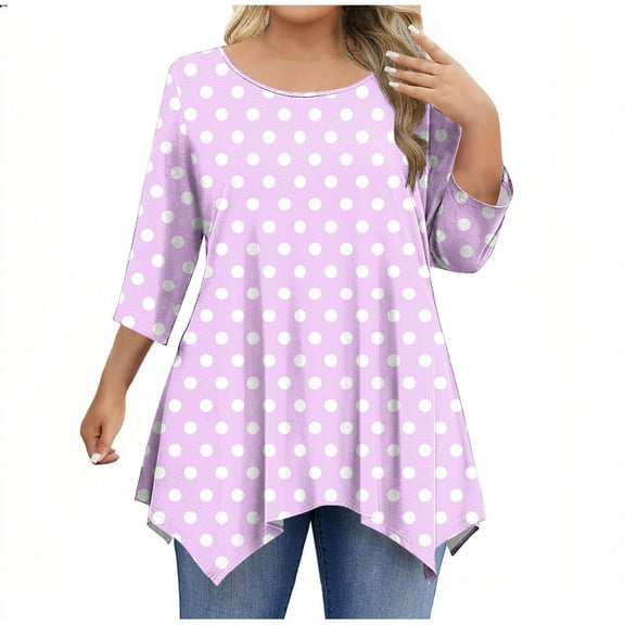 successthop Baggy Shirts for Women Plus Size Long Sleeve Tee Oversized Crewneck Top Loose Polka Dots Trendy Clothes 3XL