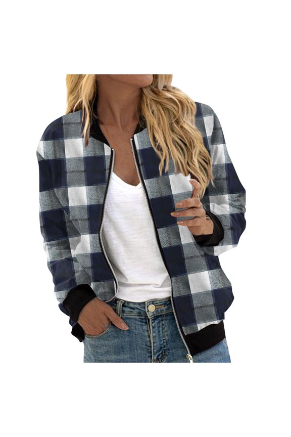 Baseball Jacket Women Long Sleeve Jacket Zip Up Coat Plus Size Checkered Fall Outwear with Pockets Gray 2XL