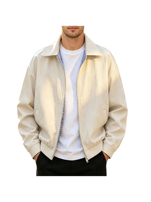 Baseball Jacket for Men Long Sleeve Collared Zip Up Tops Windbreaker Winter Workout Outwear with Pockets